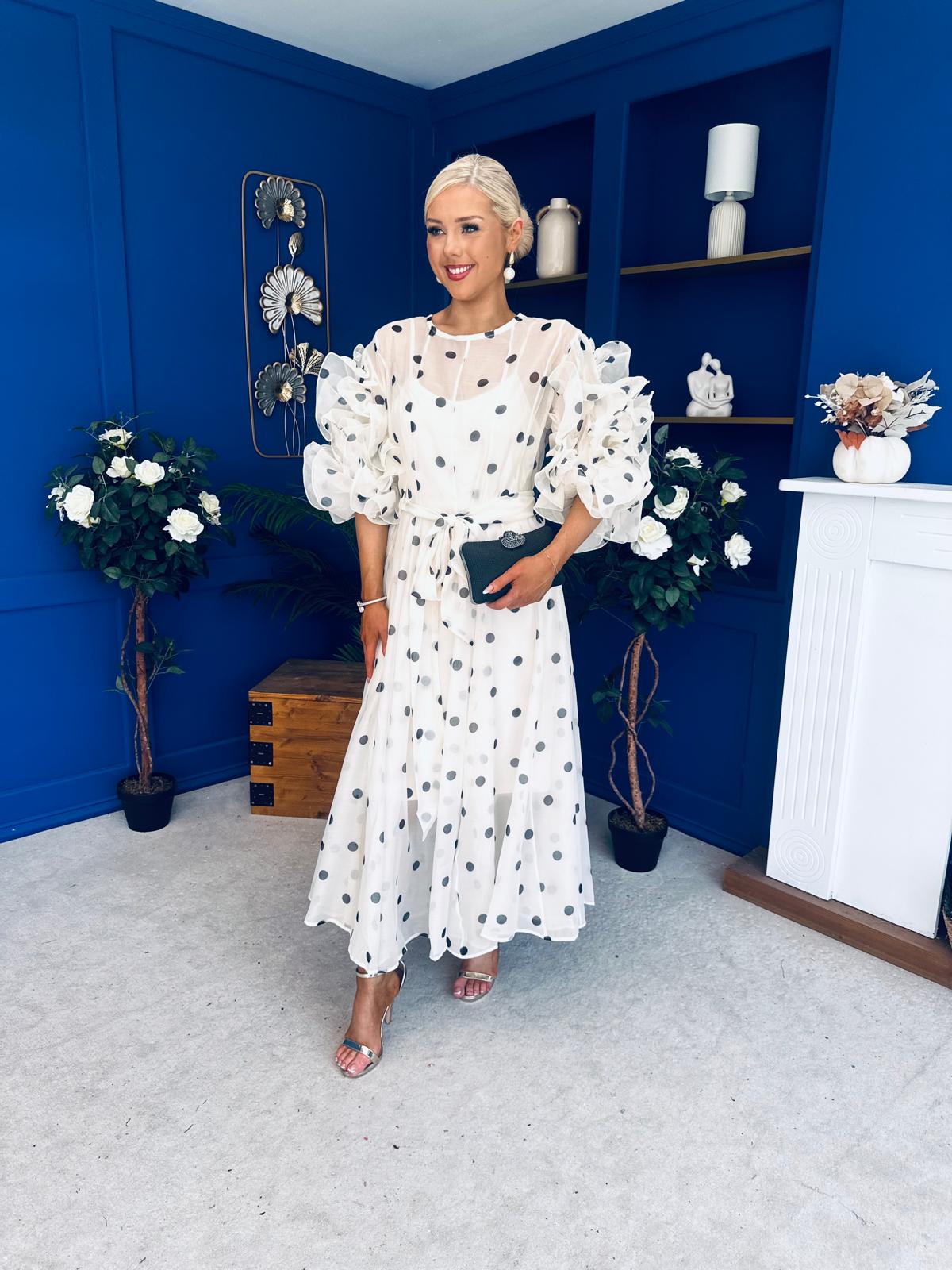 Ethna Frill Sleeve Occasion Dress Polka Cream