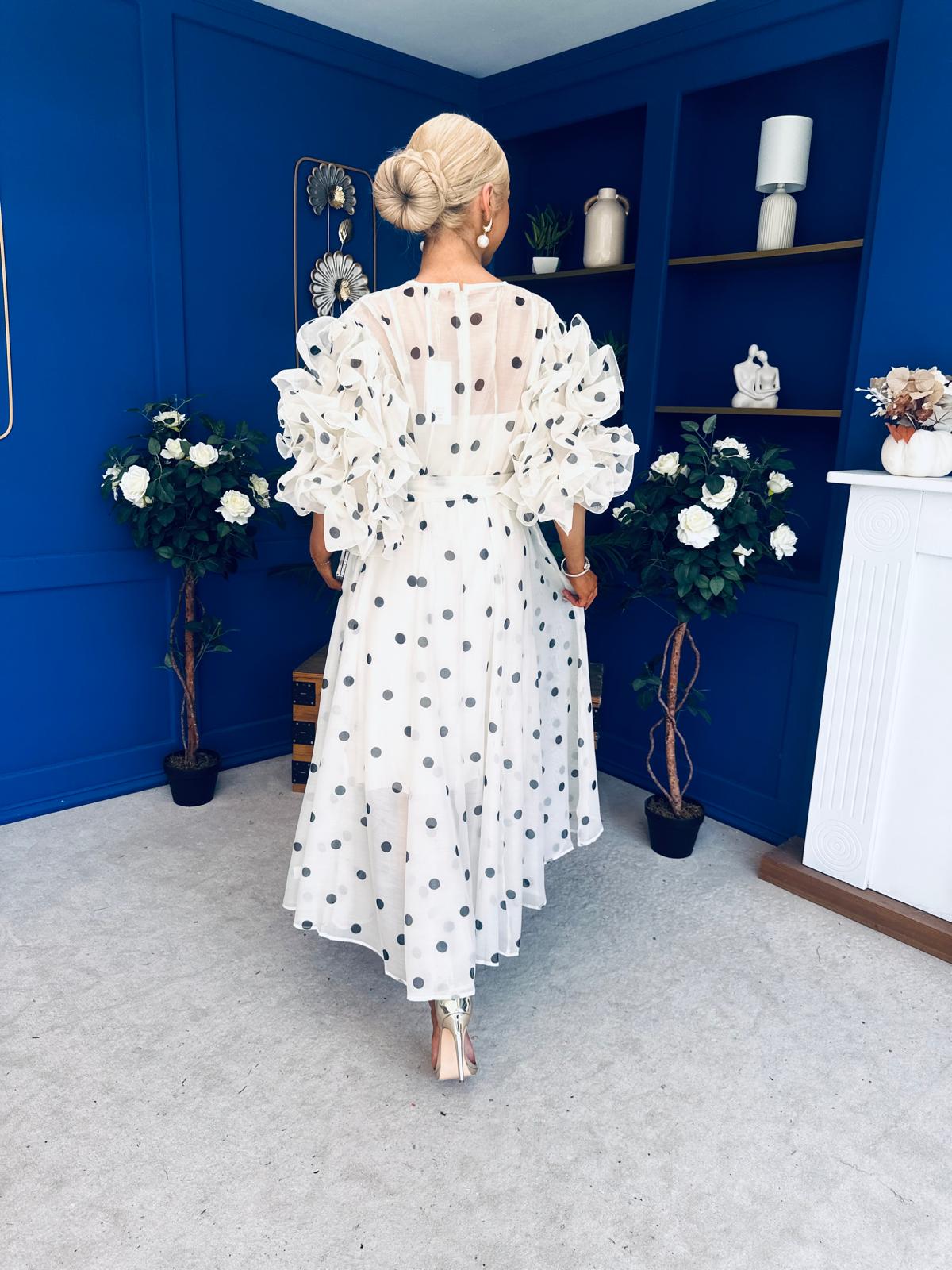 Ethna Frill Sleeve Occasion Dress Polka Cream