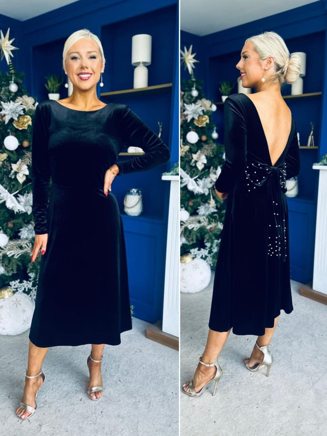 Trudy Pearl & Bow Detail Midi Dress Black