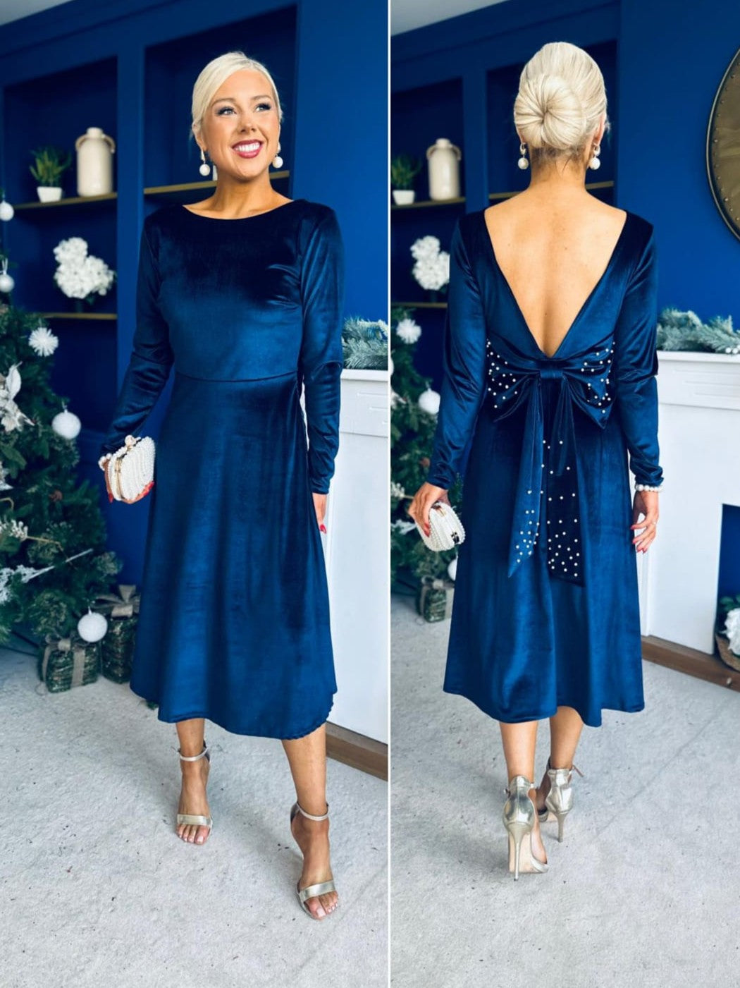 Trudy Pearl & Bow Detail Midi Dress Navy