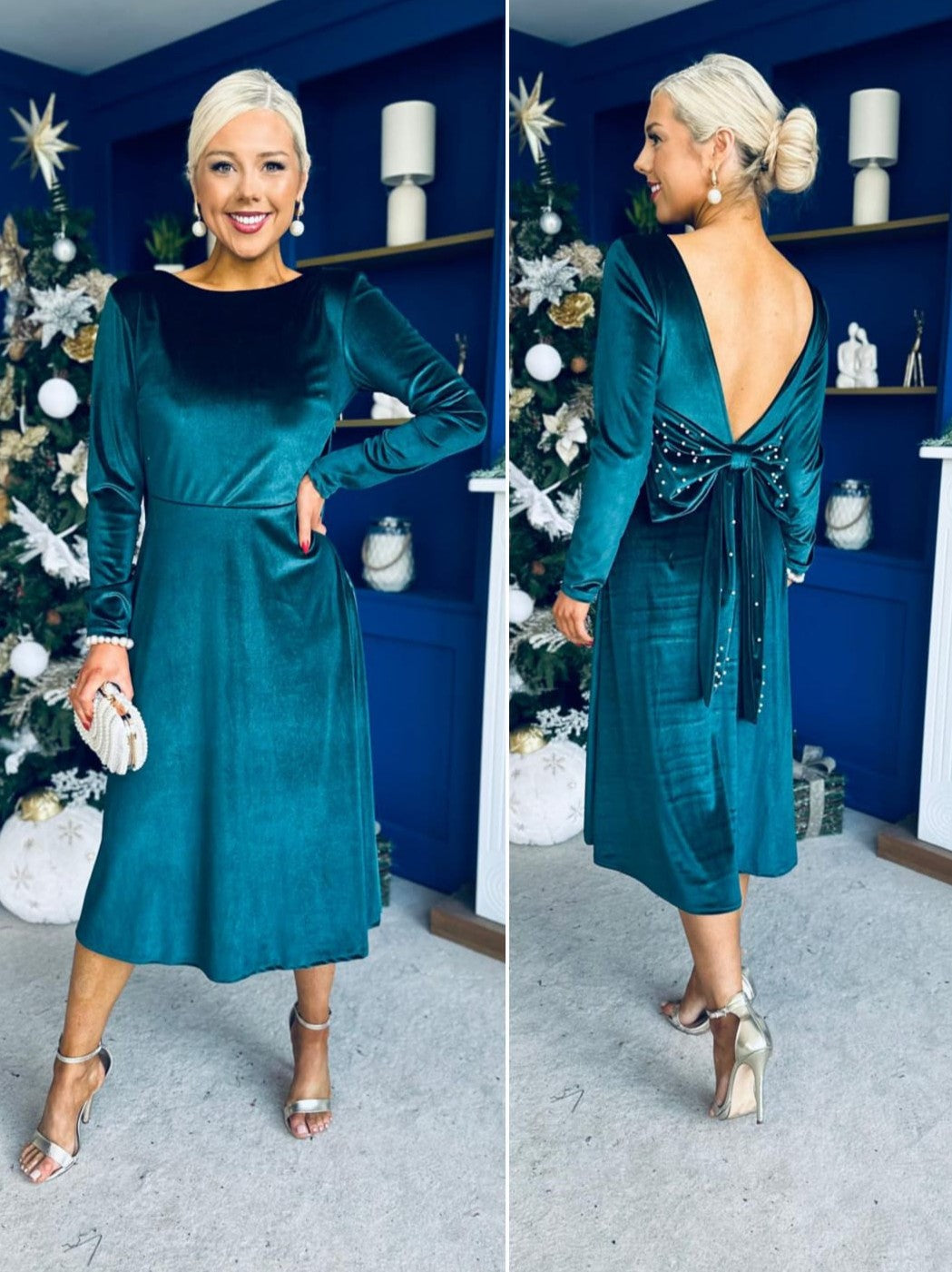 Trudy Pearl & Bow Detail Midi Dress Forest