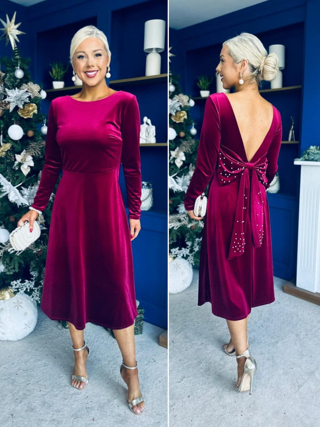 Trudy Pearl & Bow Detail Midi Dress Wine