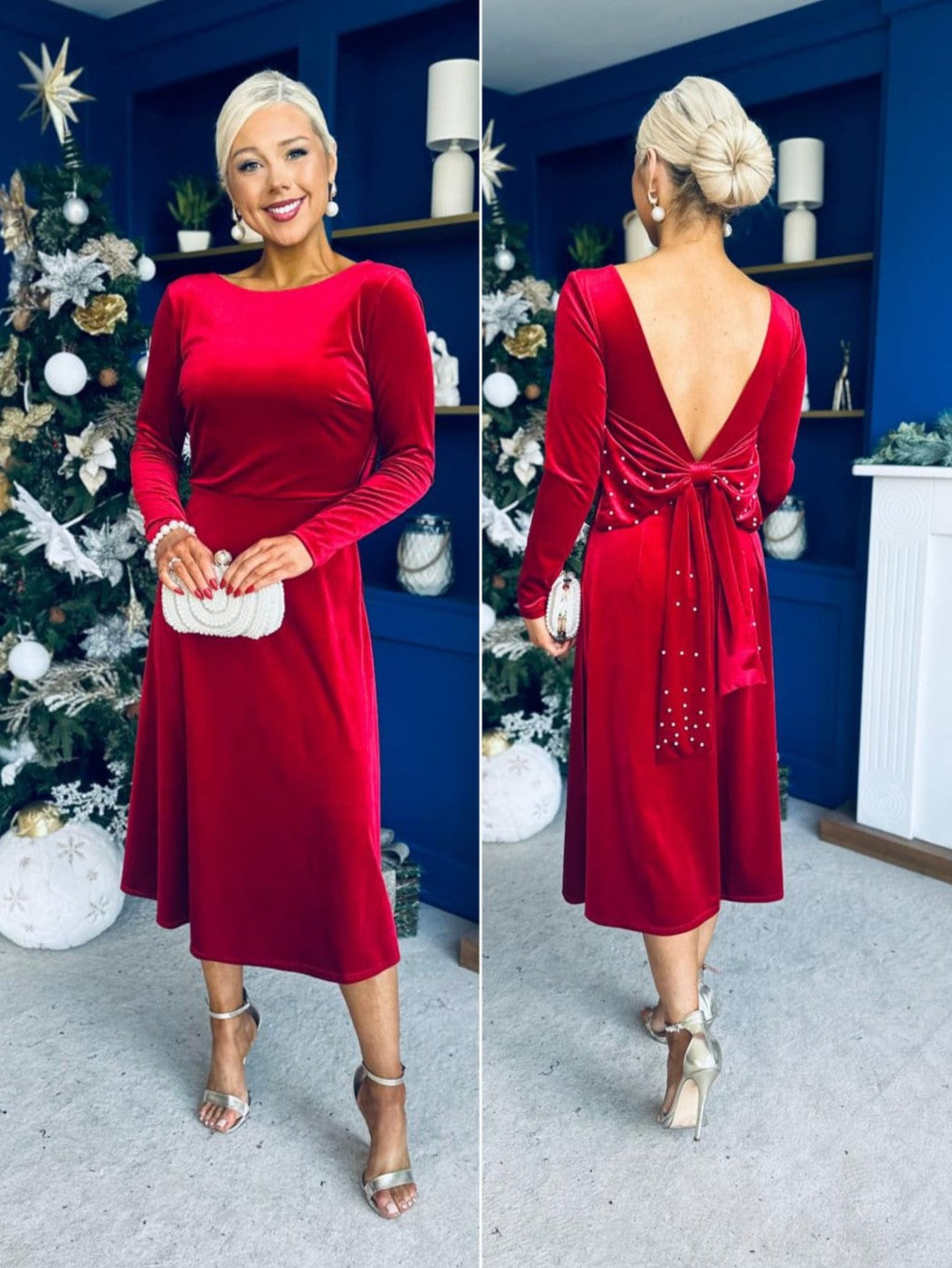 Trudy Pearl & Bow Detail Midi Dress Red