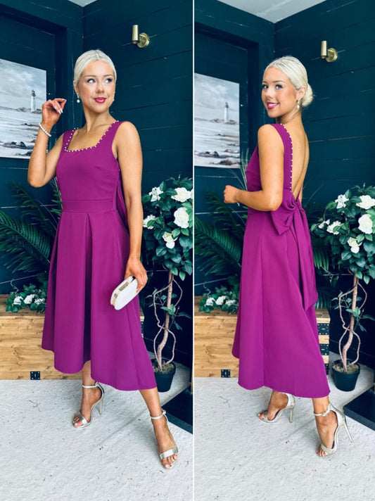 Augusta Pearl Detail Midi Dress Berry