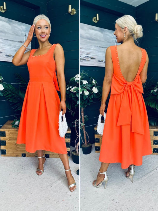 Augusta Pearl Detail Midi Dress Orange