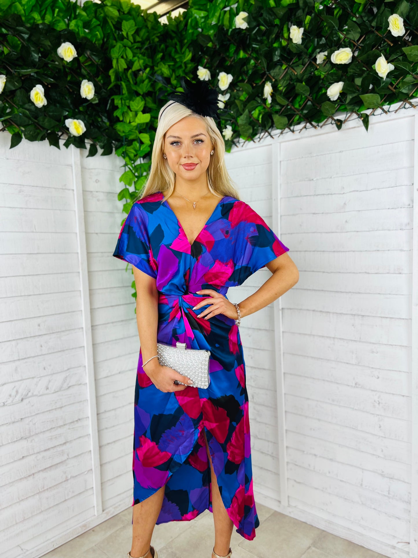 Blair Purple & Cobalt Abstract Knot Detail Wrap Maxi Dress