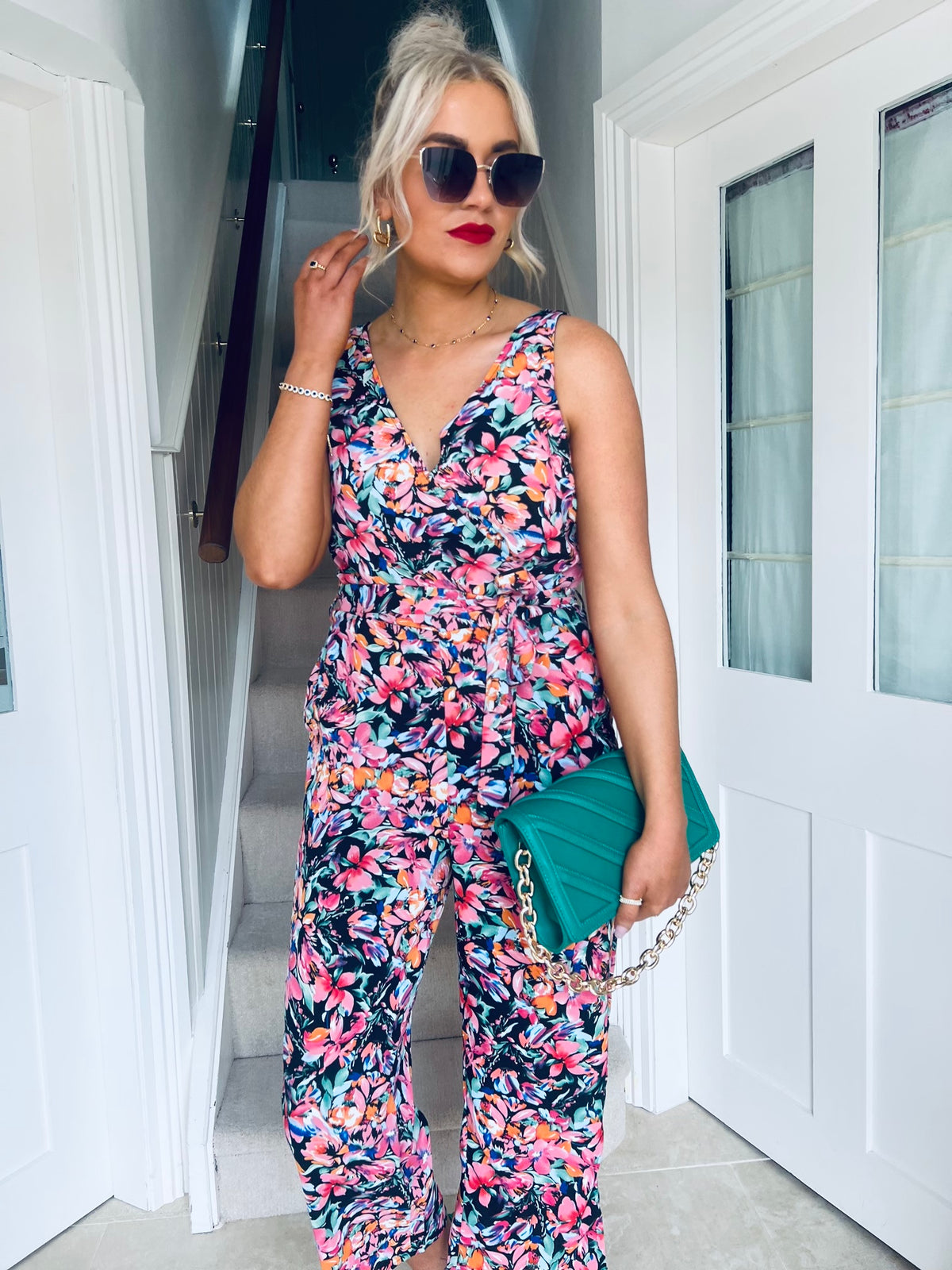 Florence Wrap Neck Jumpsuit Pink/Orange Floral