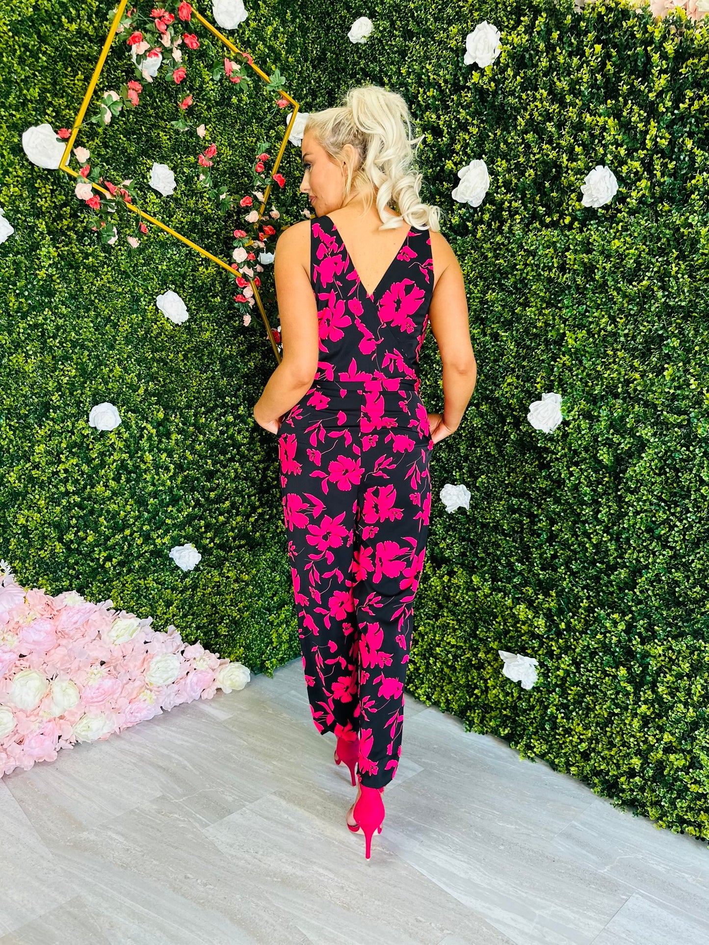 Emani Black & Pink Floral Wrap Neck Jumpsuit
