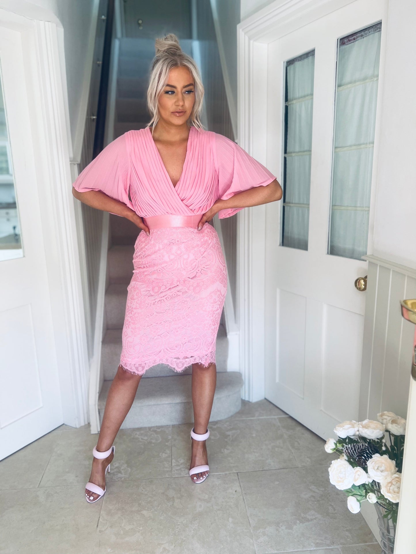 Aubree Pleated Chiffon & Lace Dress Pink
