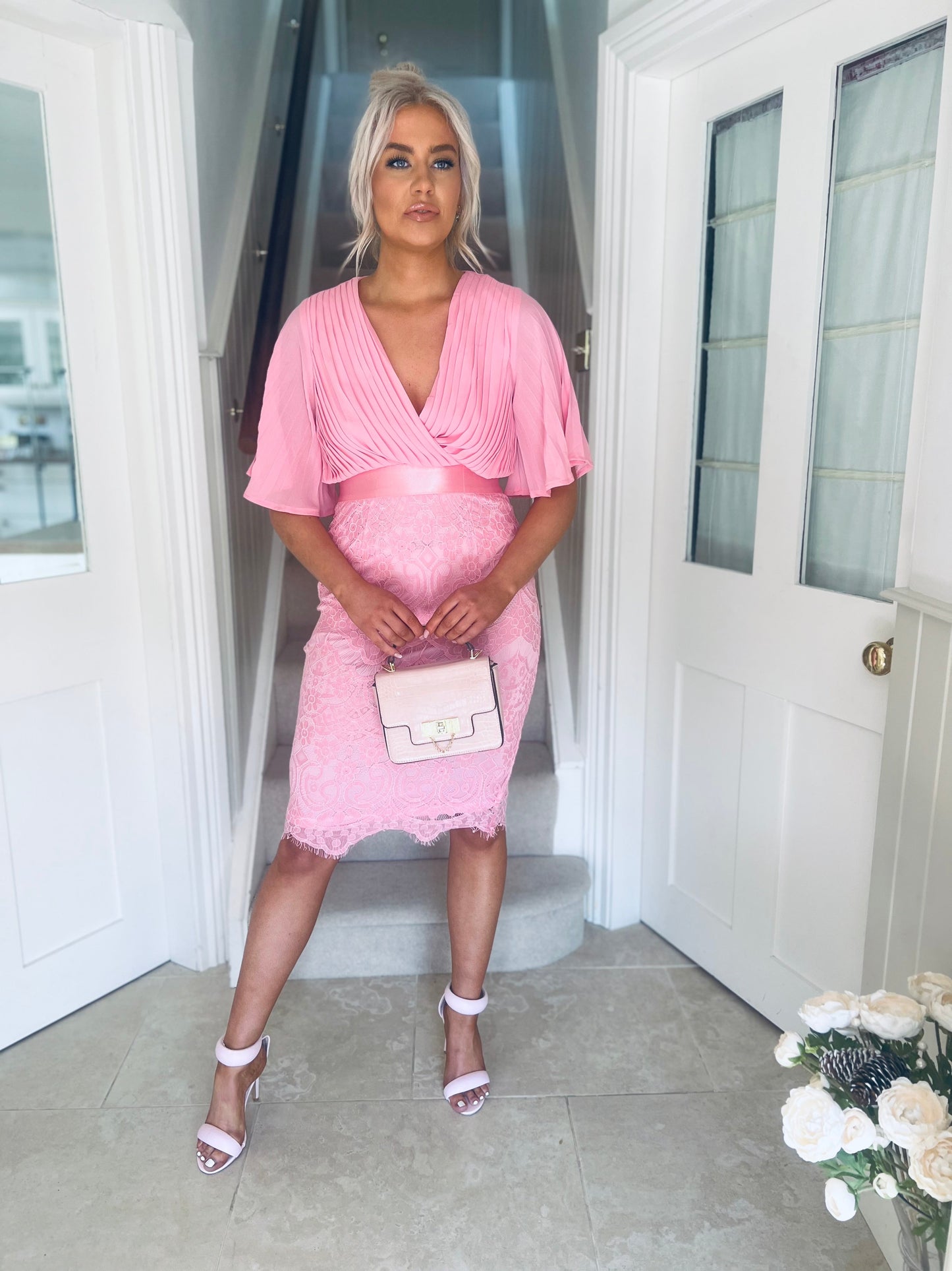 Aubree Pleated Chiffon & Lace Dress Pink