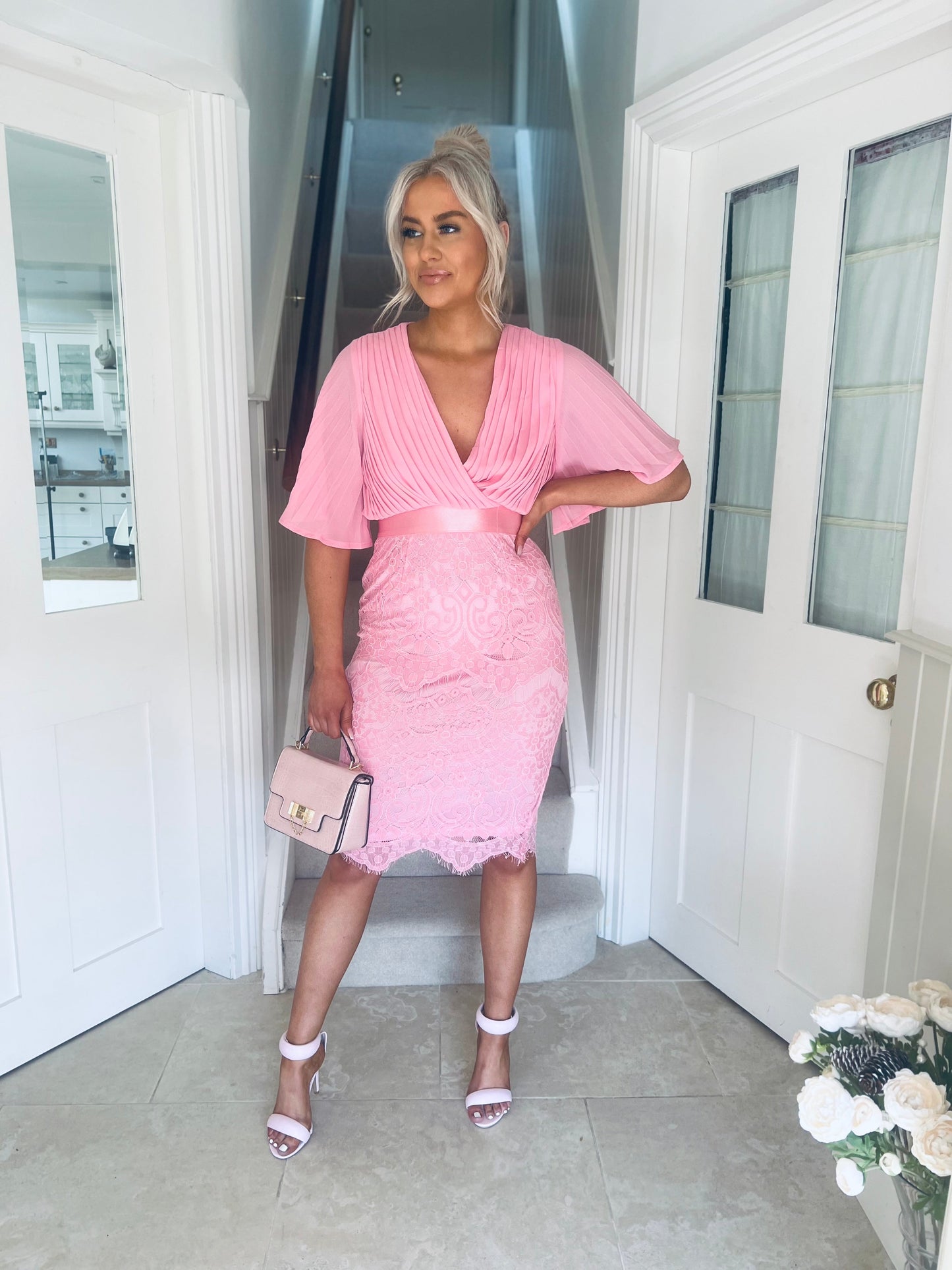 Aubree Pleated Chiffon & Lace Dress Pink