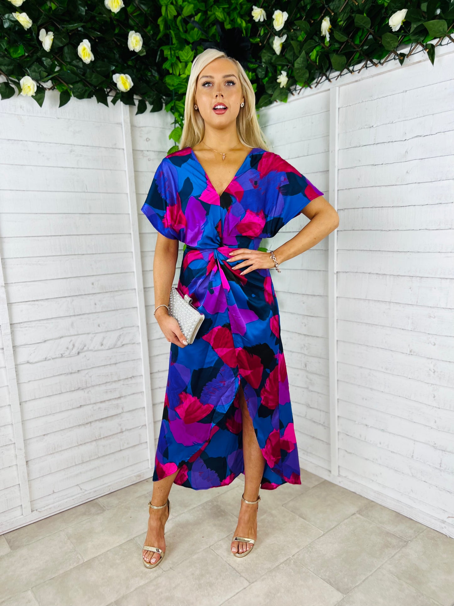 Blair Purple & Cobalt Abstract Knot Detail Wrap Maxi Dress