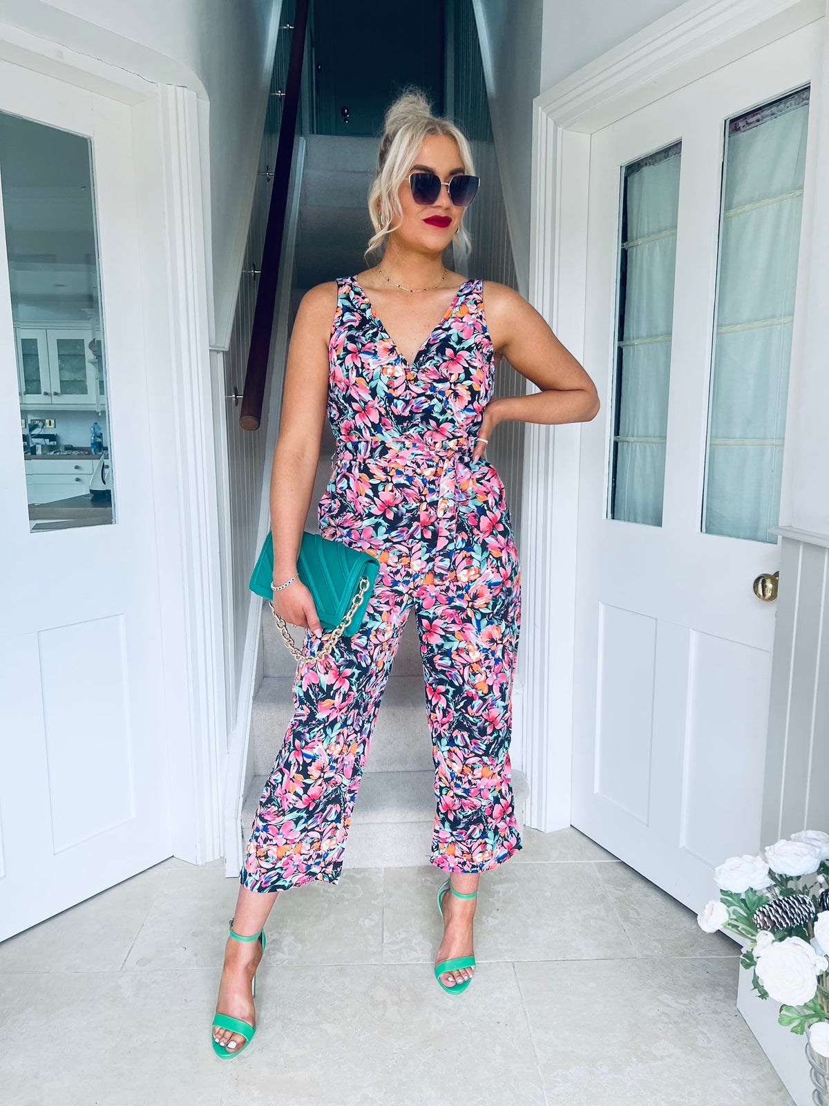 Florence Wrap Neck Jumpsuit Pink/Orange Floral