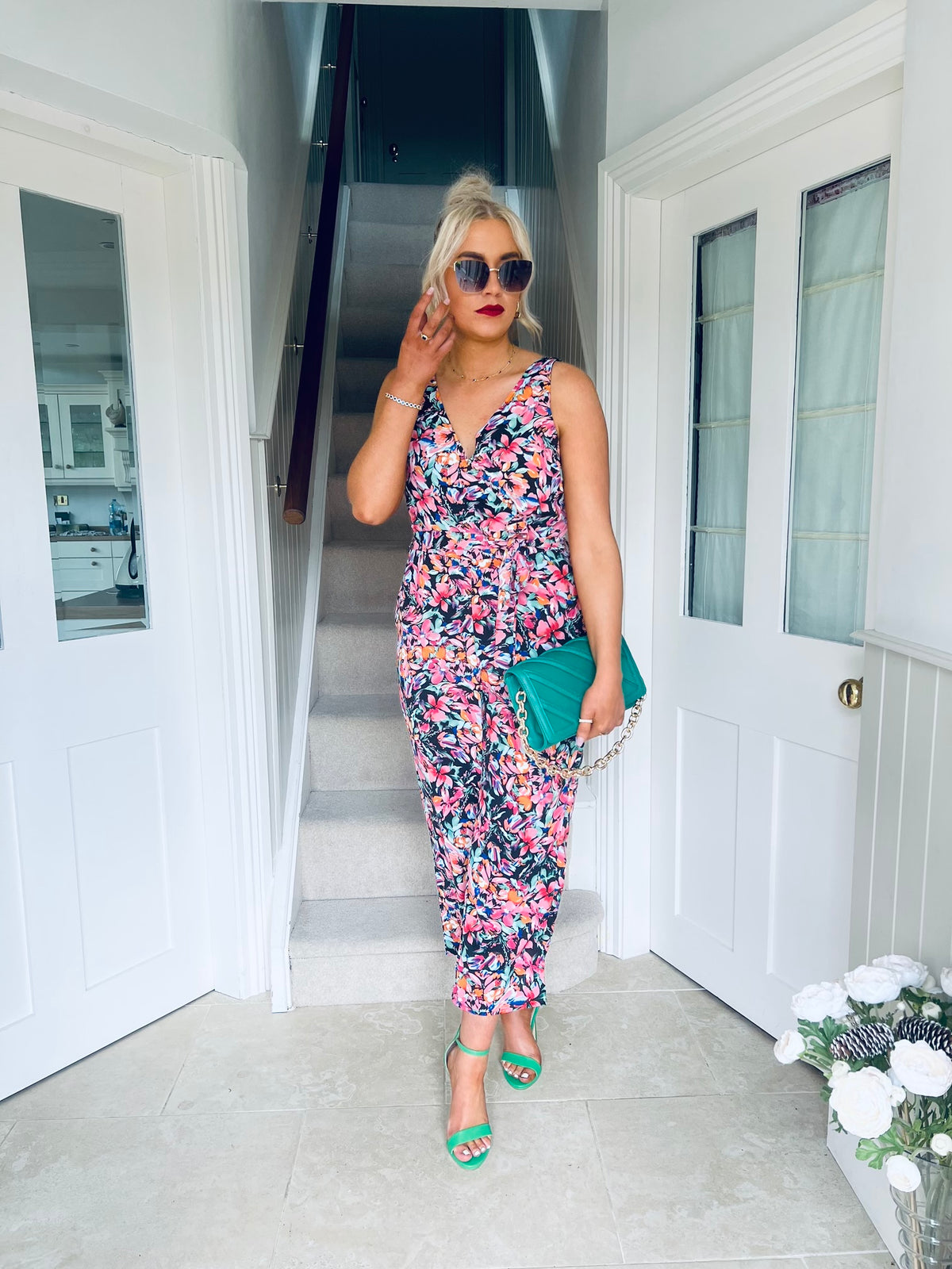 Florence Wrap Neck Jumpsuit Pink/Orange Floral
