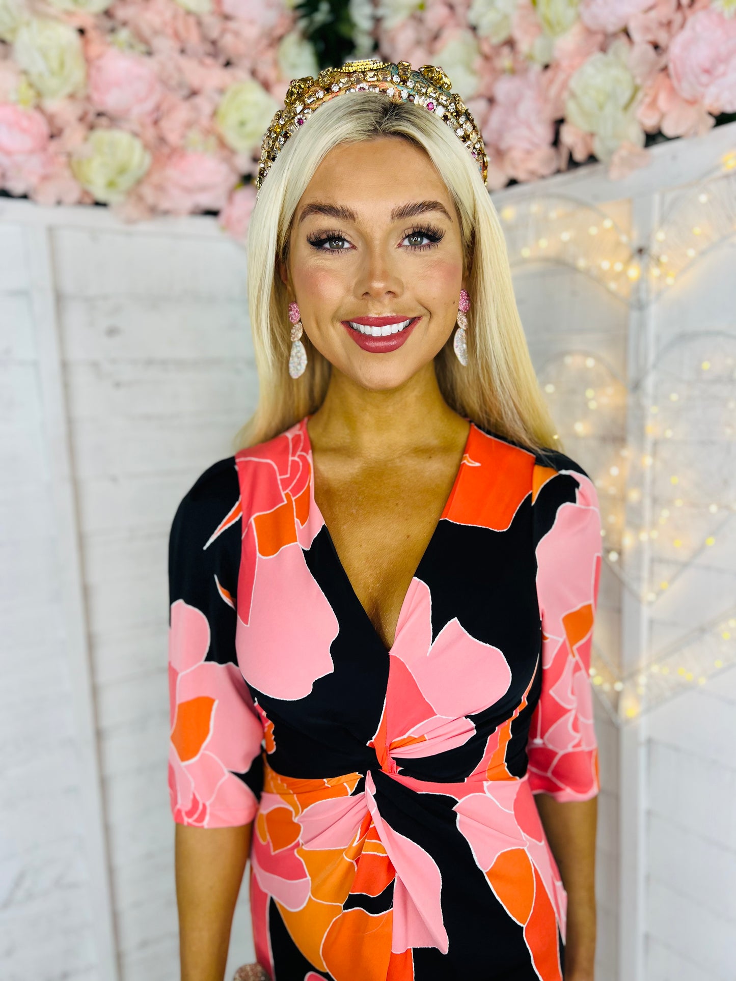 Audrey Orange & Pink Floral Twist Detail Midi Dress