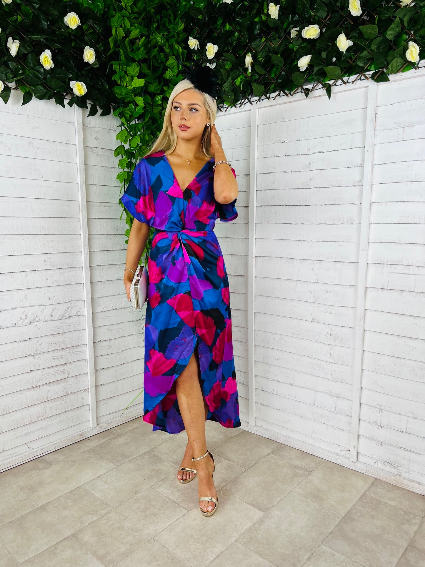 Blair Purple & Cobalt Abstract Knot Detail Wrap Maxi Dress