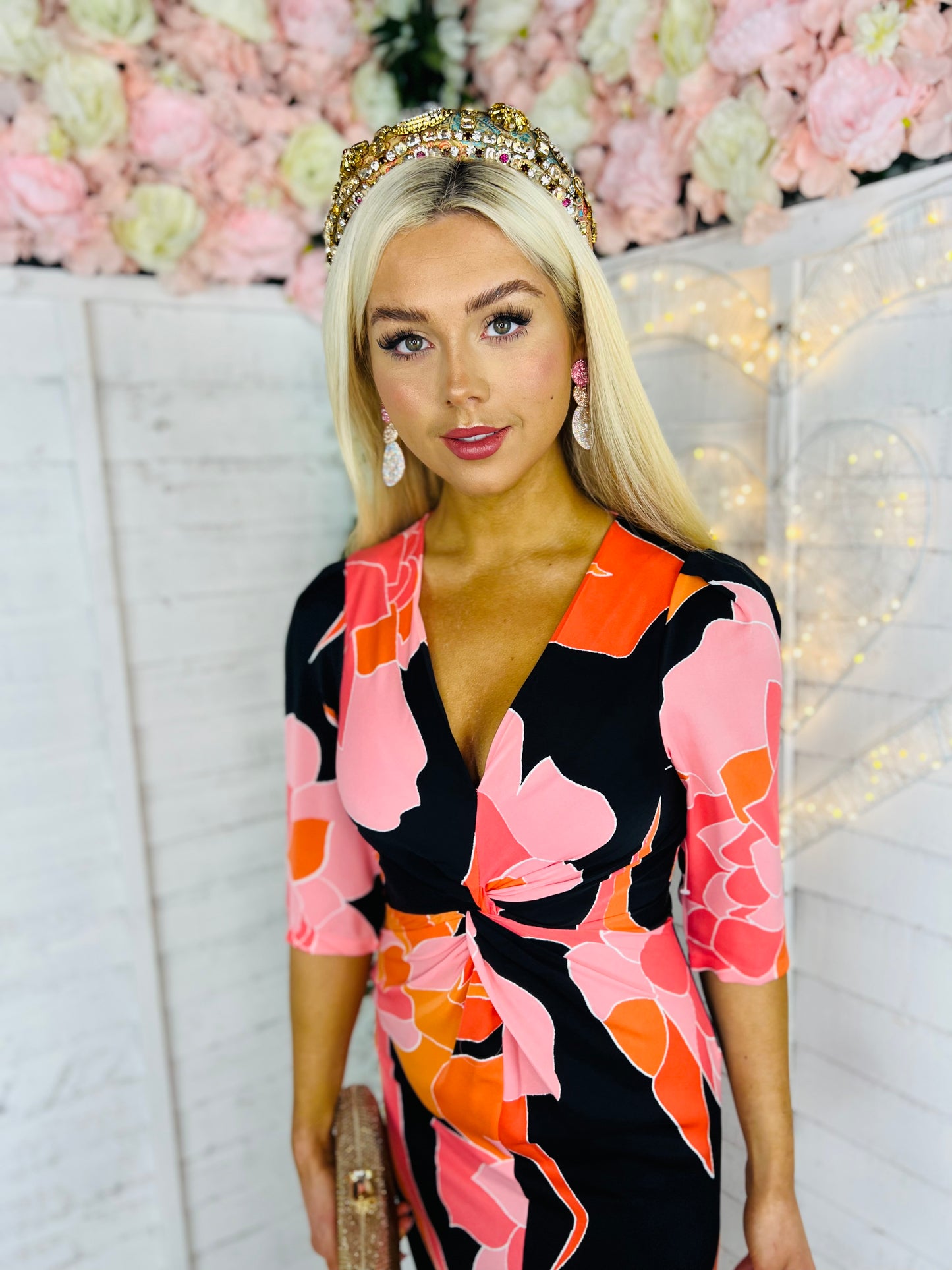 Audrey Orange & Pink Floral Twist Detail Midi Dress