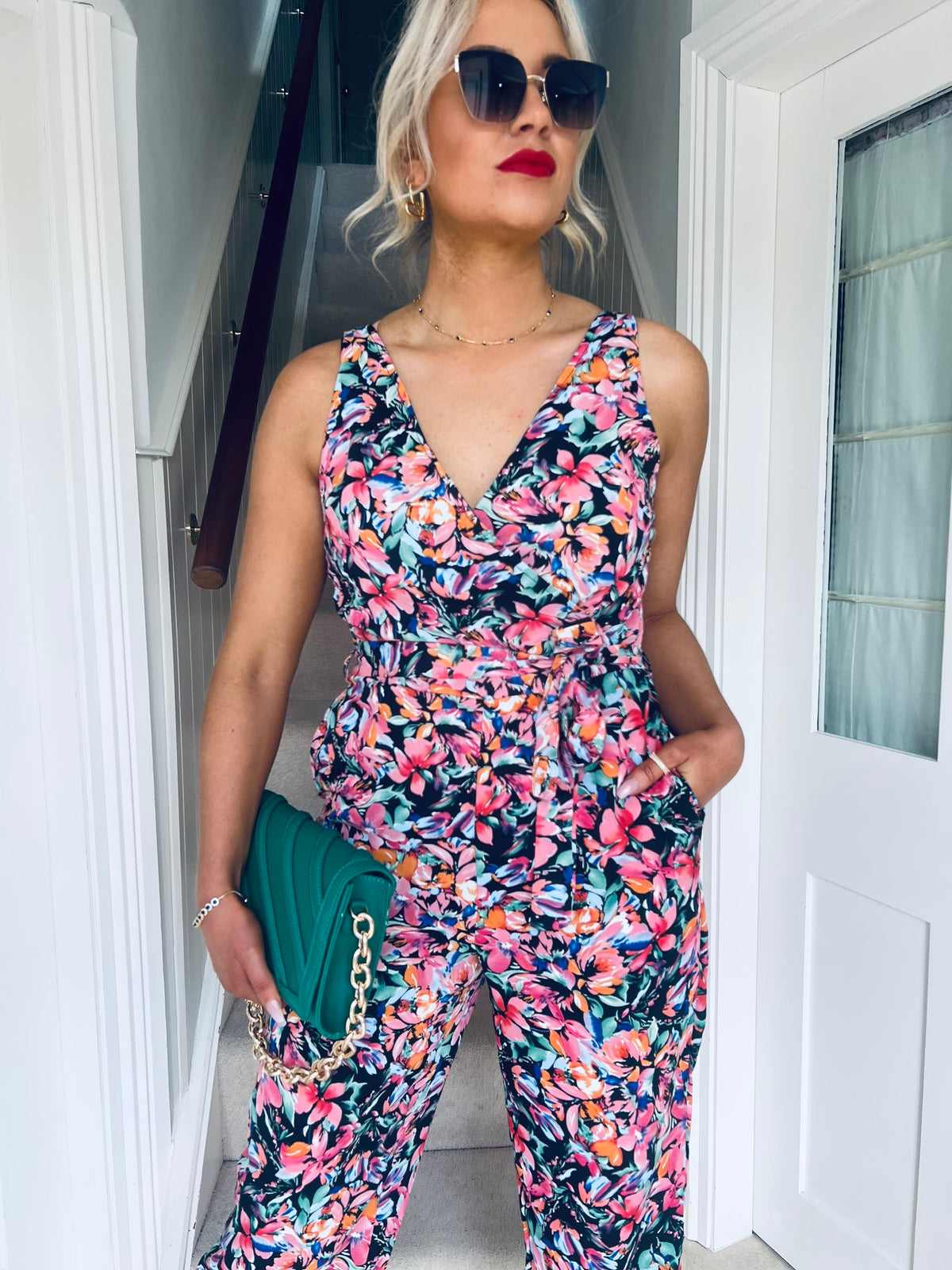 Florence Wrap Neck Jumpsuit Pink/Orange Floral