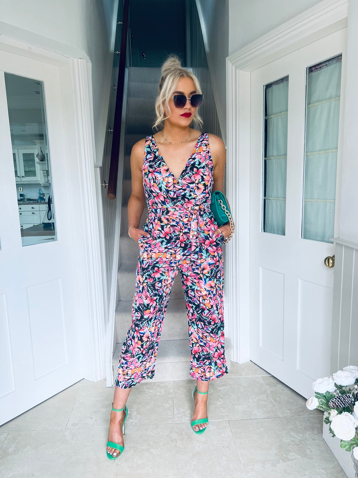 Florence Wrap Neck Jumpsuit Pink/Orange Floral