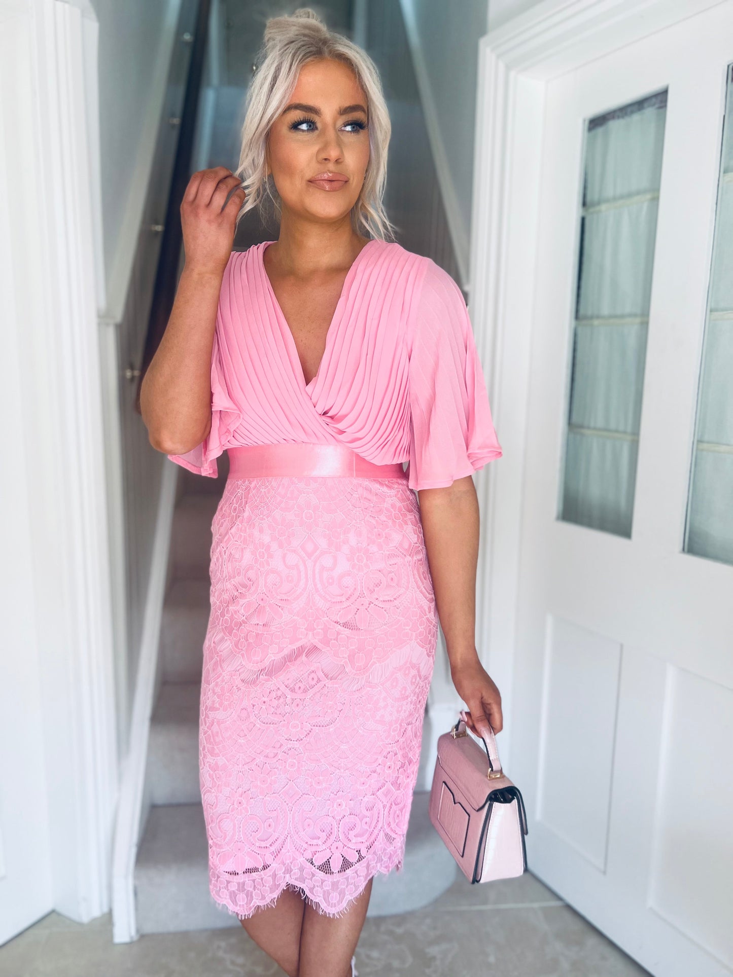 Aubree Pleated Chiffon & Lace Dress Pink