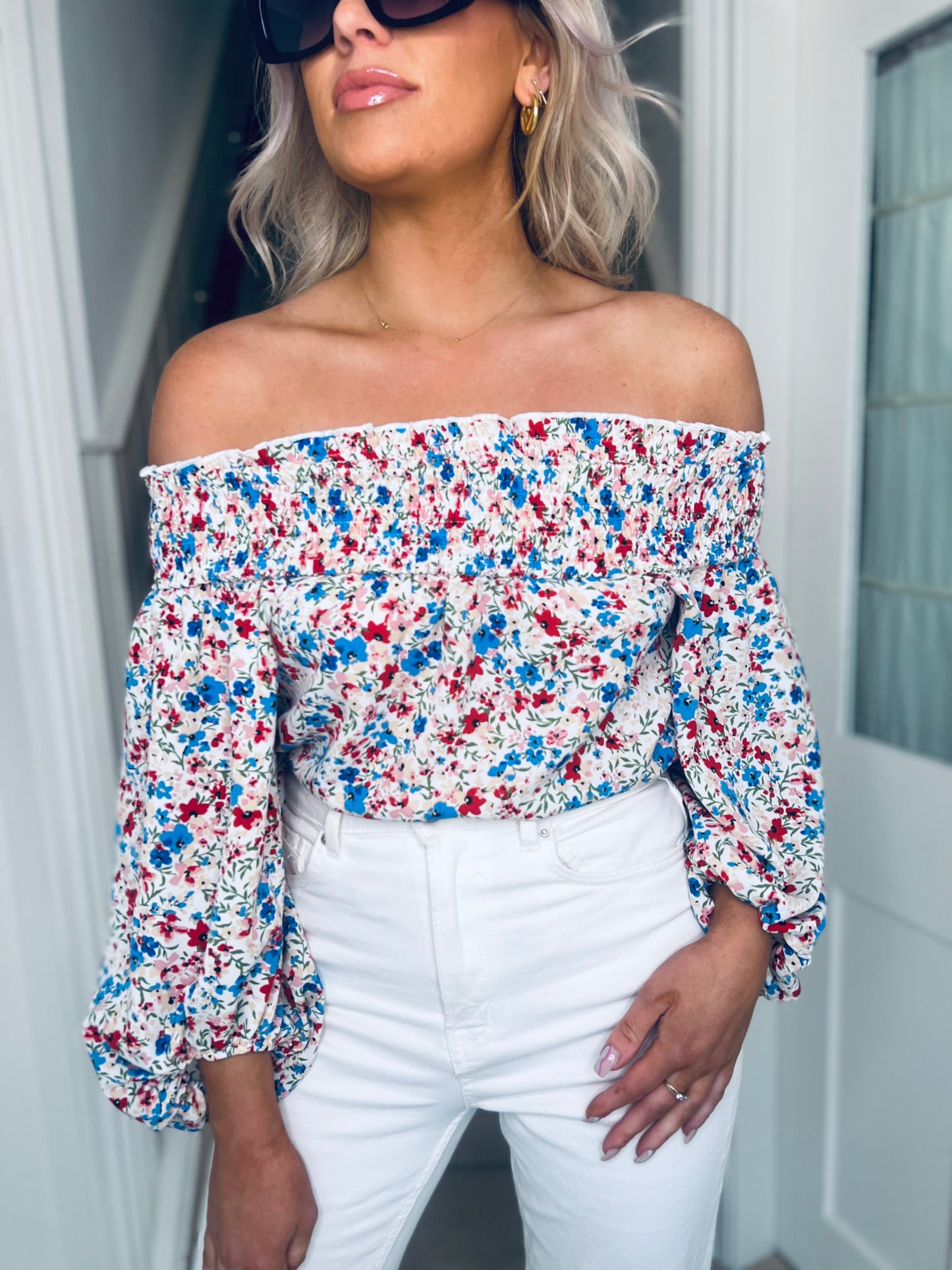 Candace Shirred Bardot Red Ditsy Floral Top