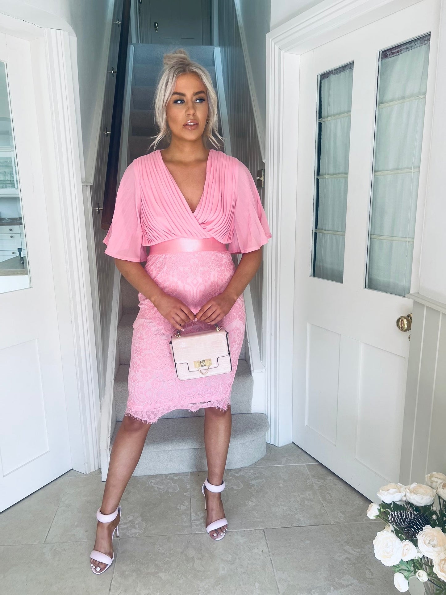 Aubree Pleated Chiffon & Lace Dress Pink