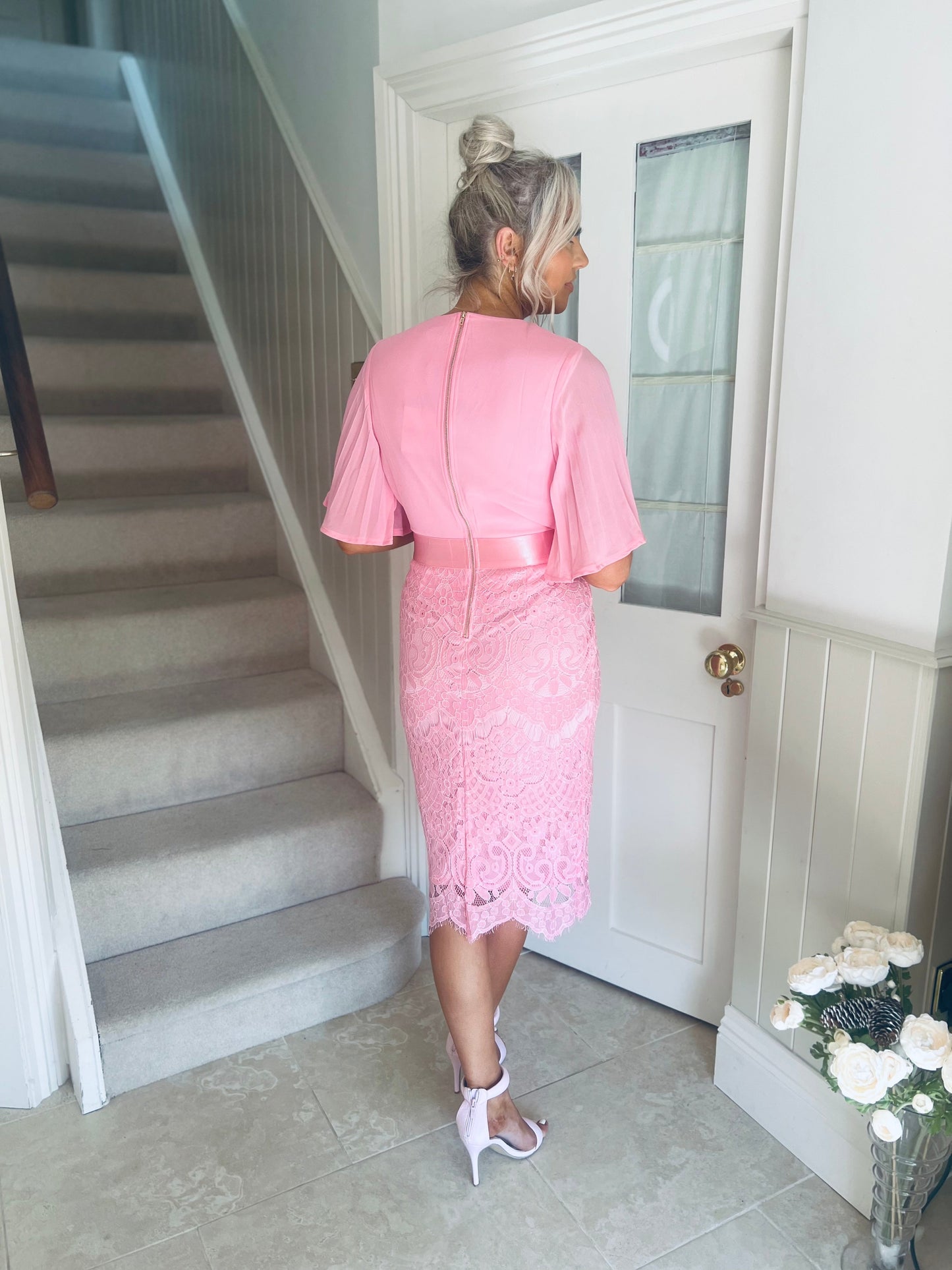 Aubree Pleated Chiffon & Lace Dress Pink
