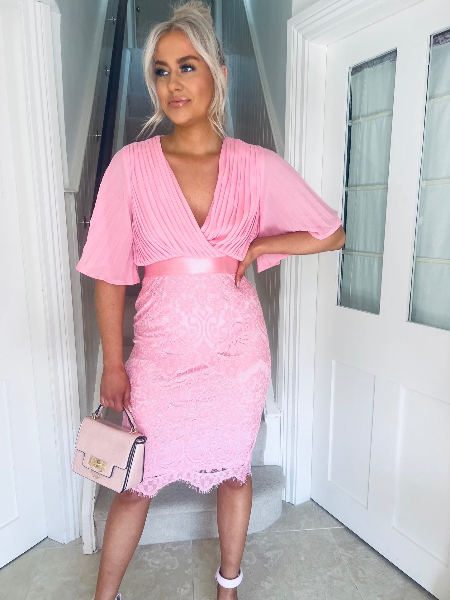 Aubree Pleated Chiffon & Lace Dress Pink