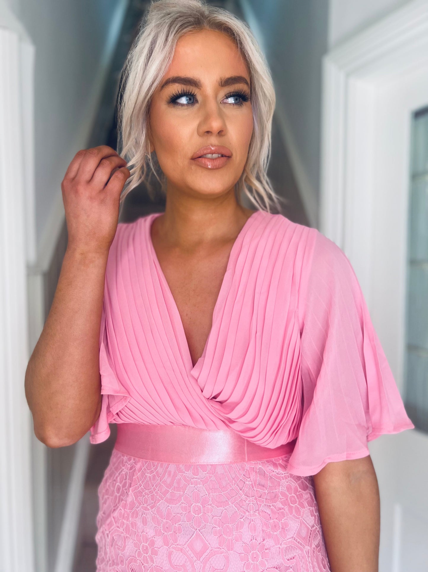 Aubree Pleated Chiffon & Lace Dress Pink