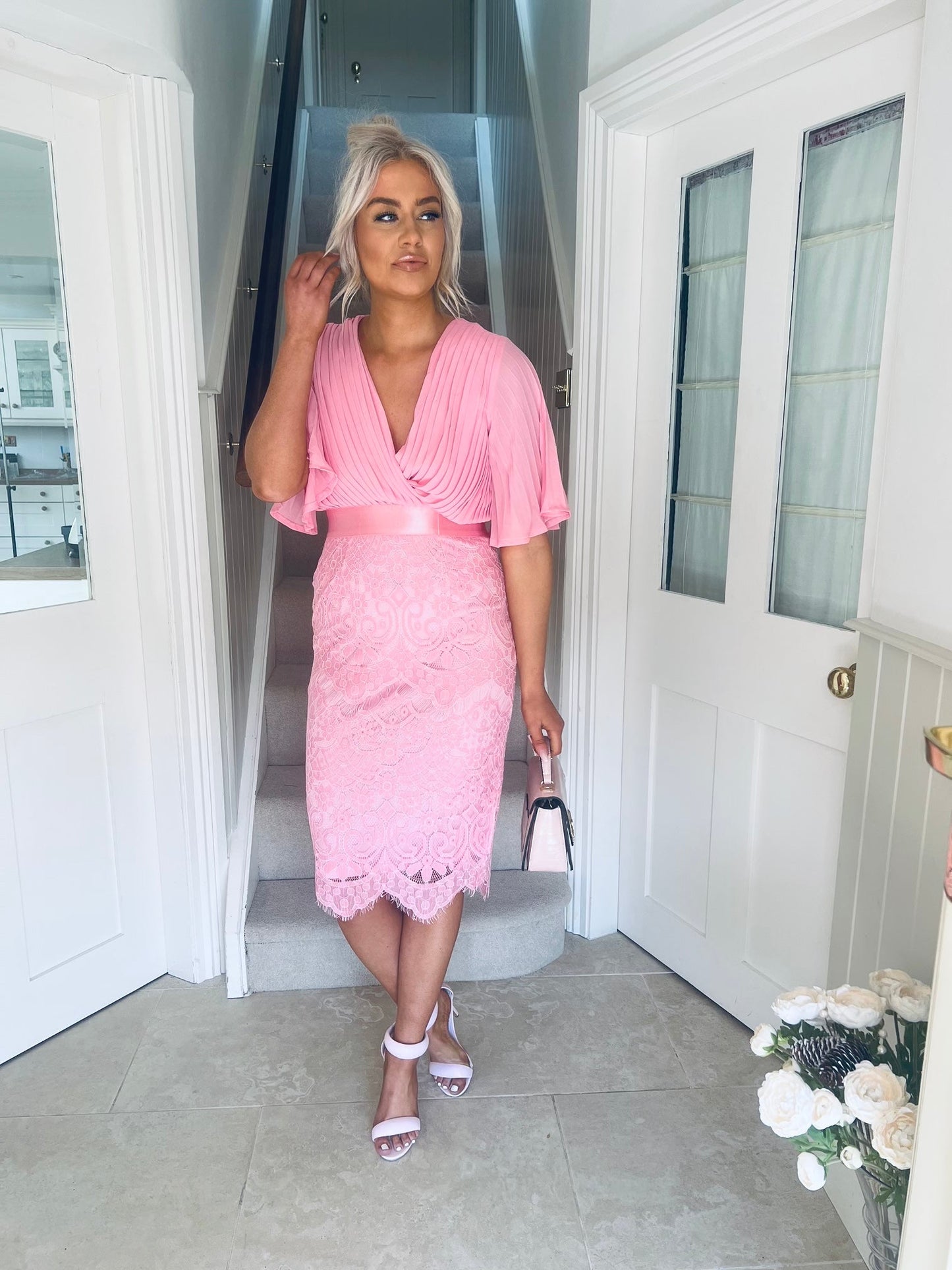 Aubree Pleated Chiffon & Lace Dress Pink