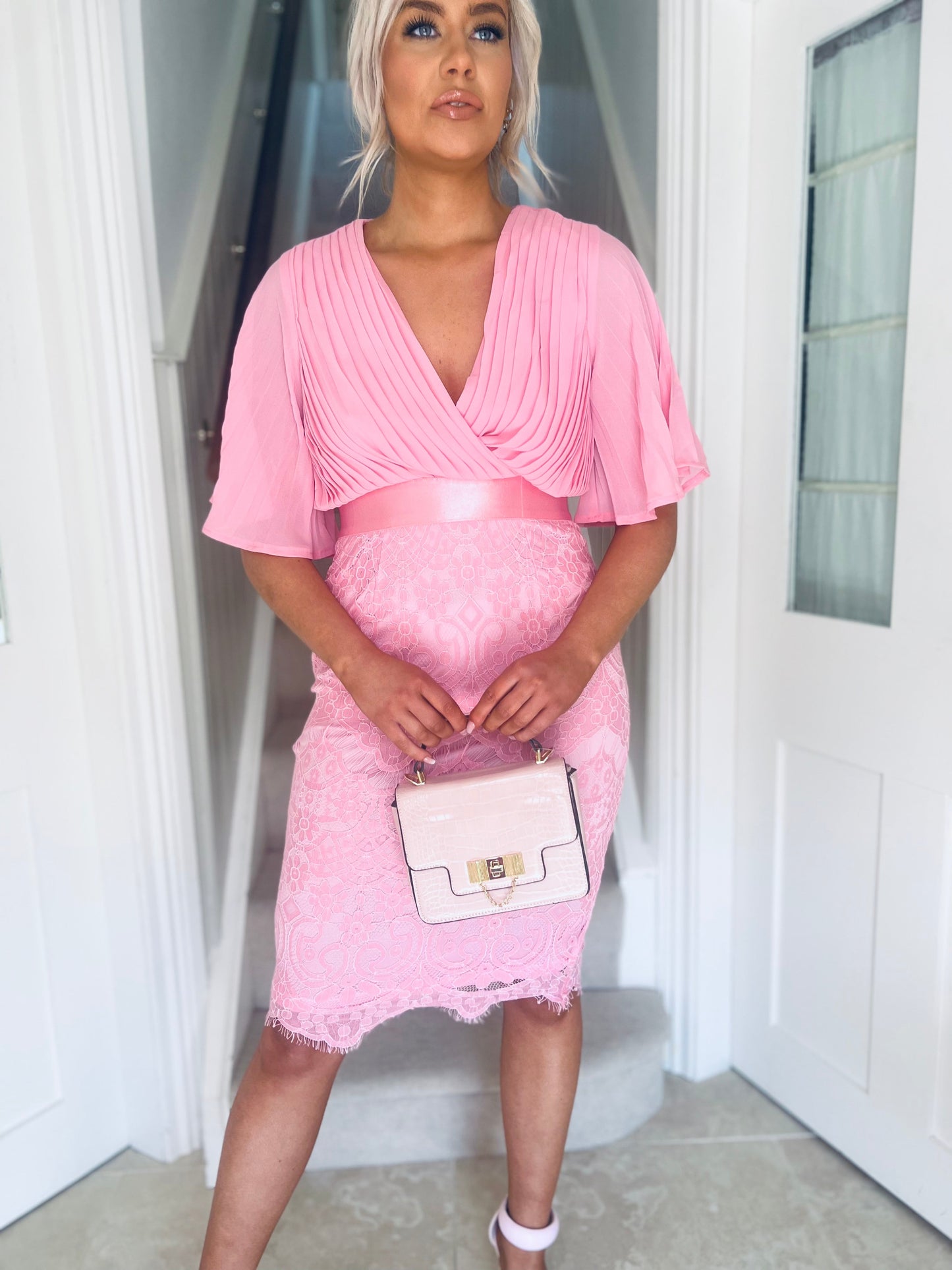 Aubree Pleated Chiffon & Lace Dress Pink