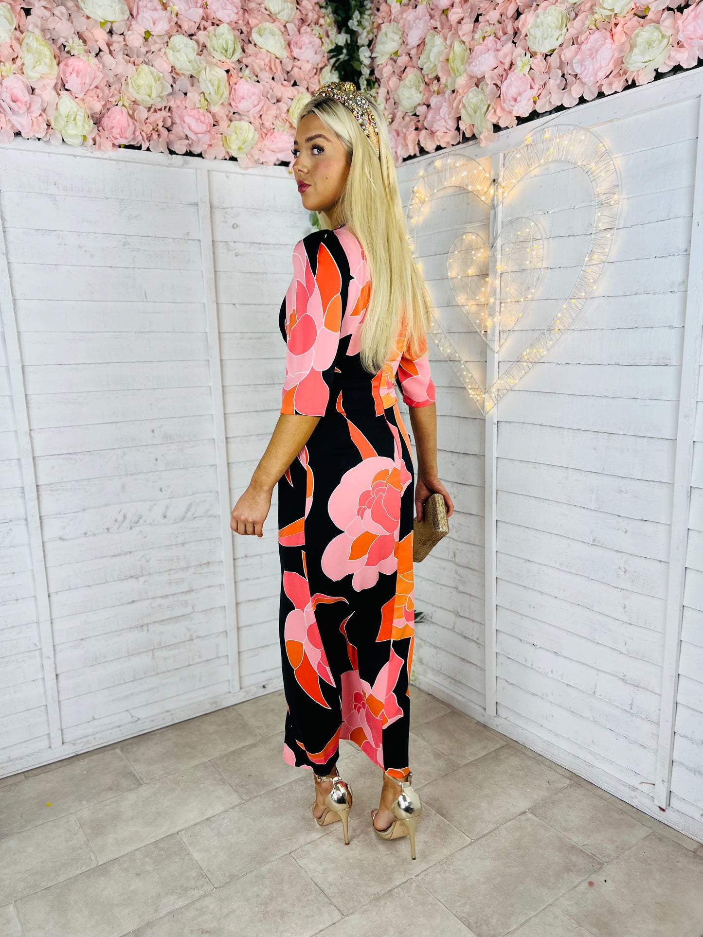 Audrey Orange & Pink Floral Twist Detail Midi Dress