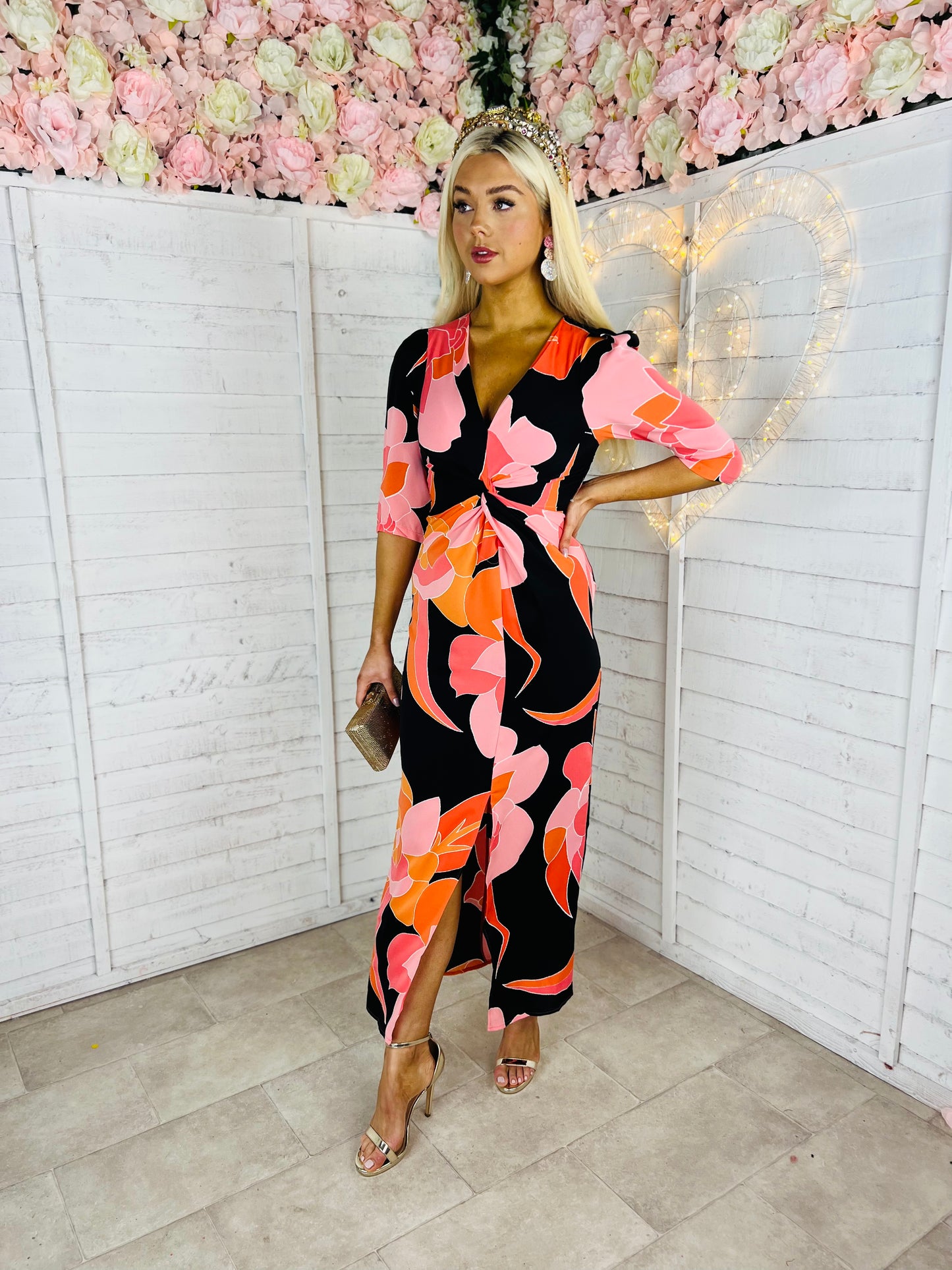 Audrey Orange & Pink Floral Twist Detail Midi Dress