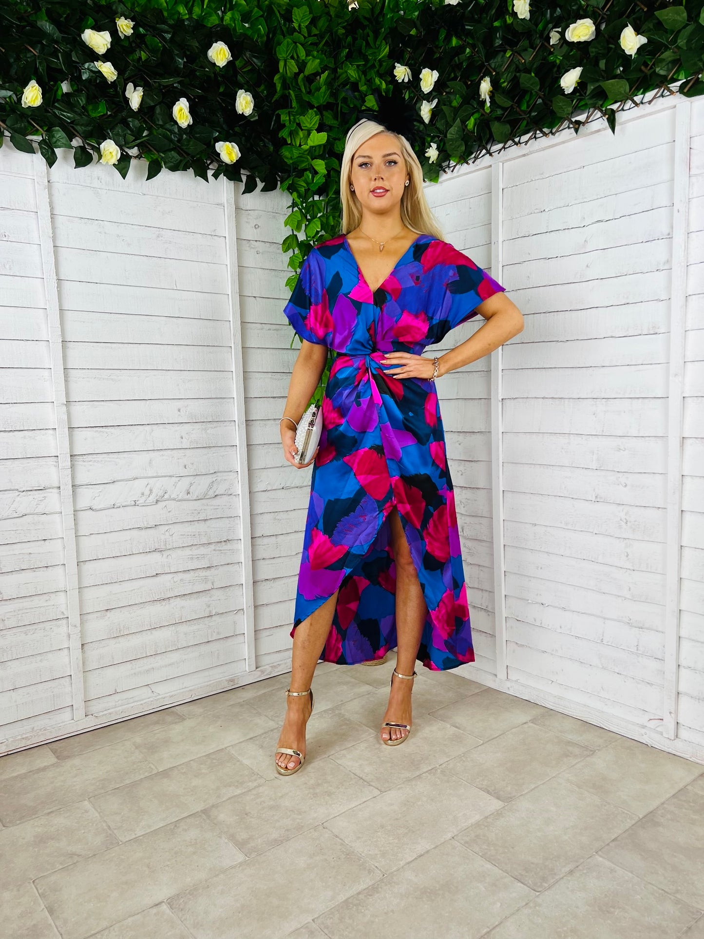 Blair Purple & Cobalt Abstract Knot Detail Wrap Maxi Dress