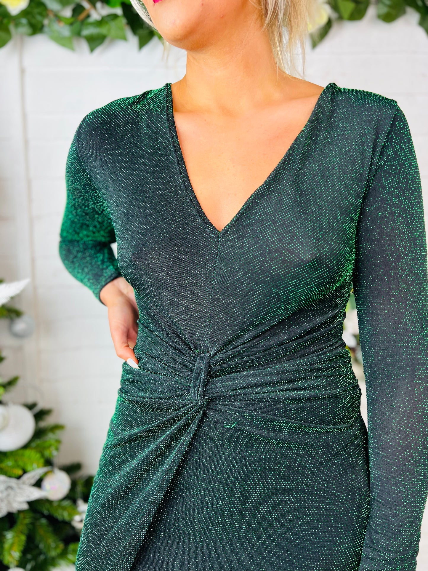Nina Green Long Sleeve Plunge Maxi Dress