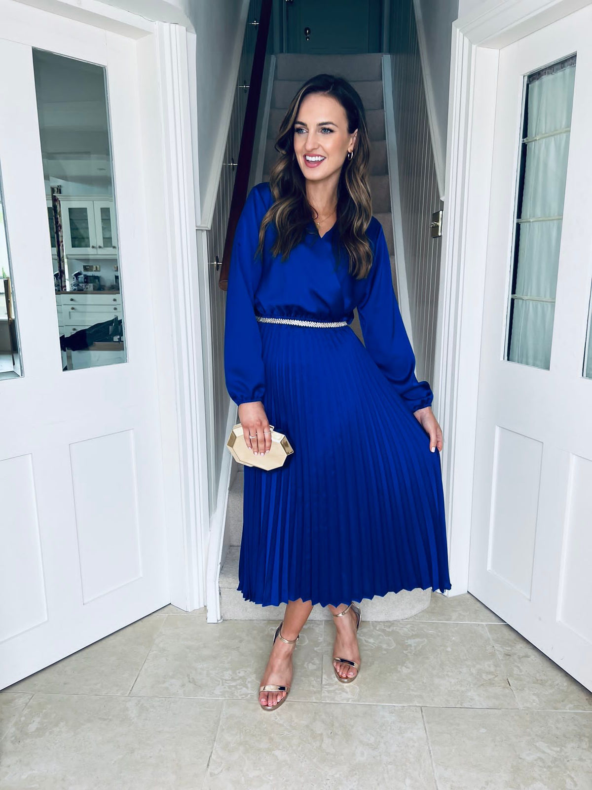 Isabel Pleated Satin Dress Deep Blue