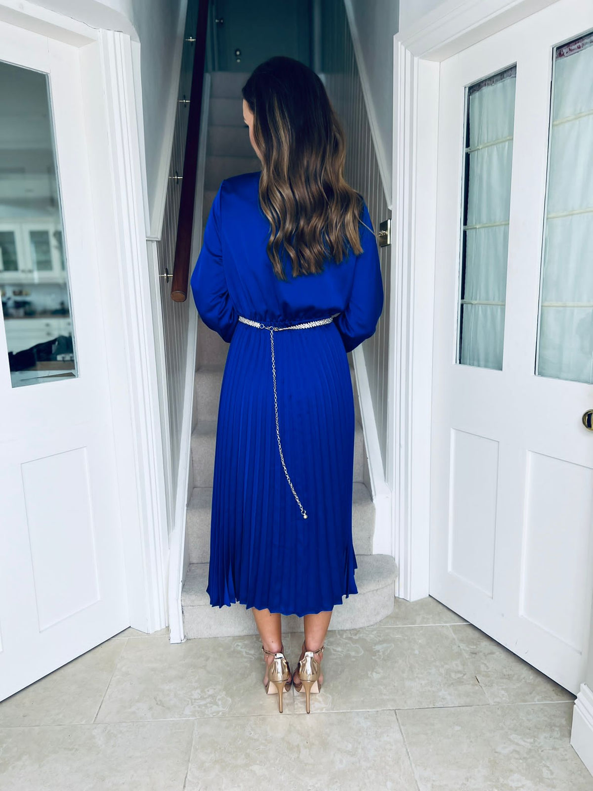 Isabel Pleated Satin Dress Deep Blue