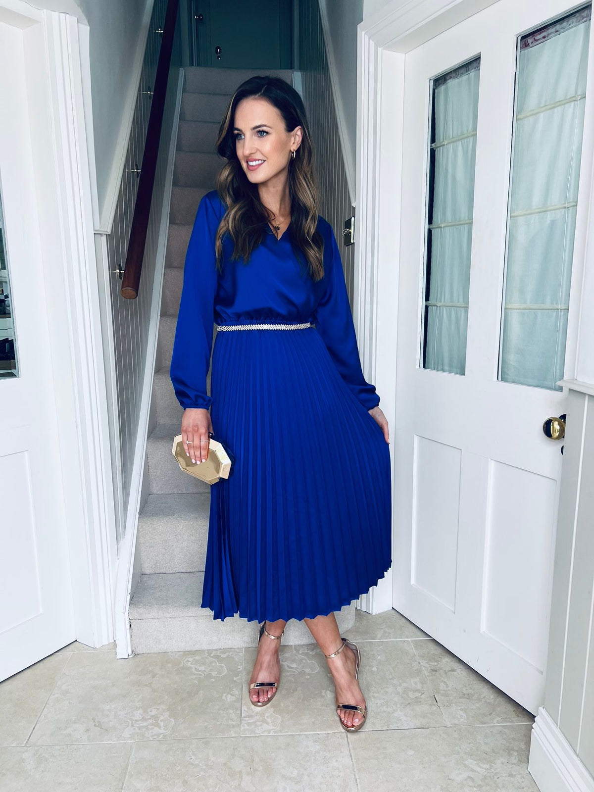 Isabel Pleated Satin Dress Deep Blue
