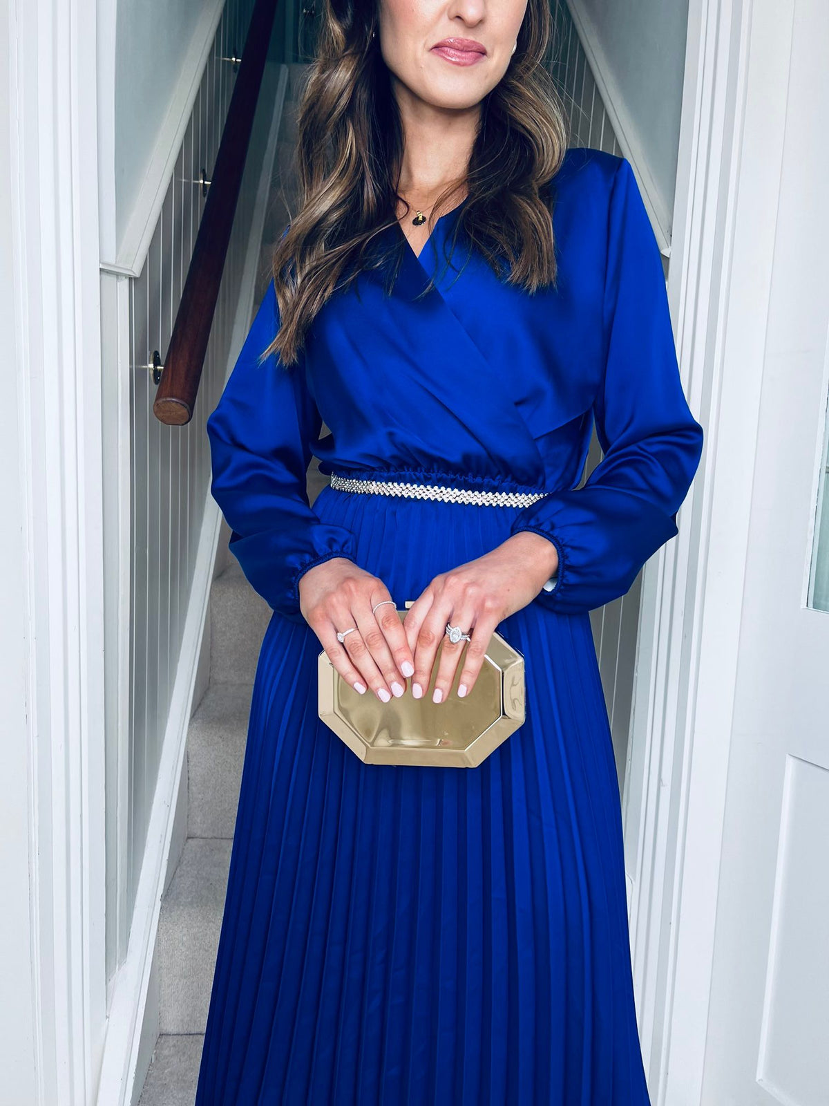 Isabel Pleated Satin Dress Deep Blue