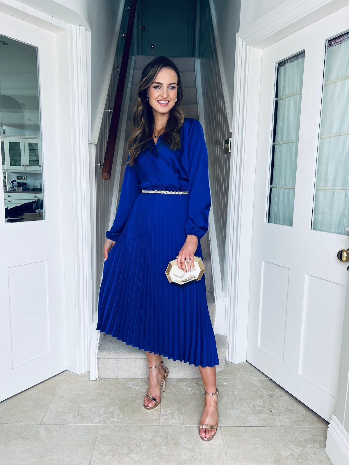 Isabel Pleated Satin Dress Deep Blue