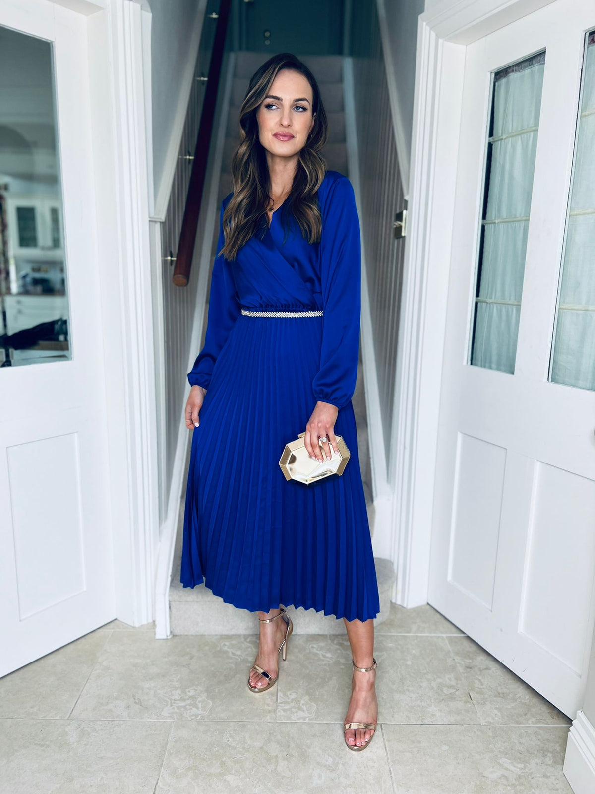 Isabel Pleated Satin Dress Deep Blue