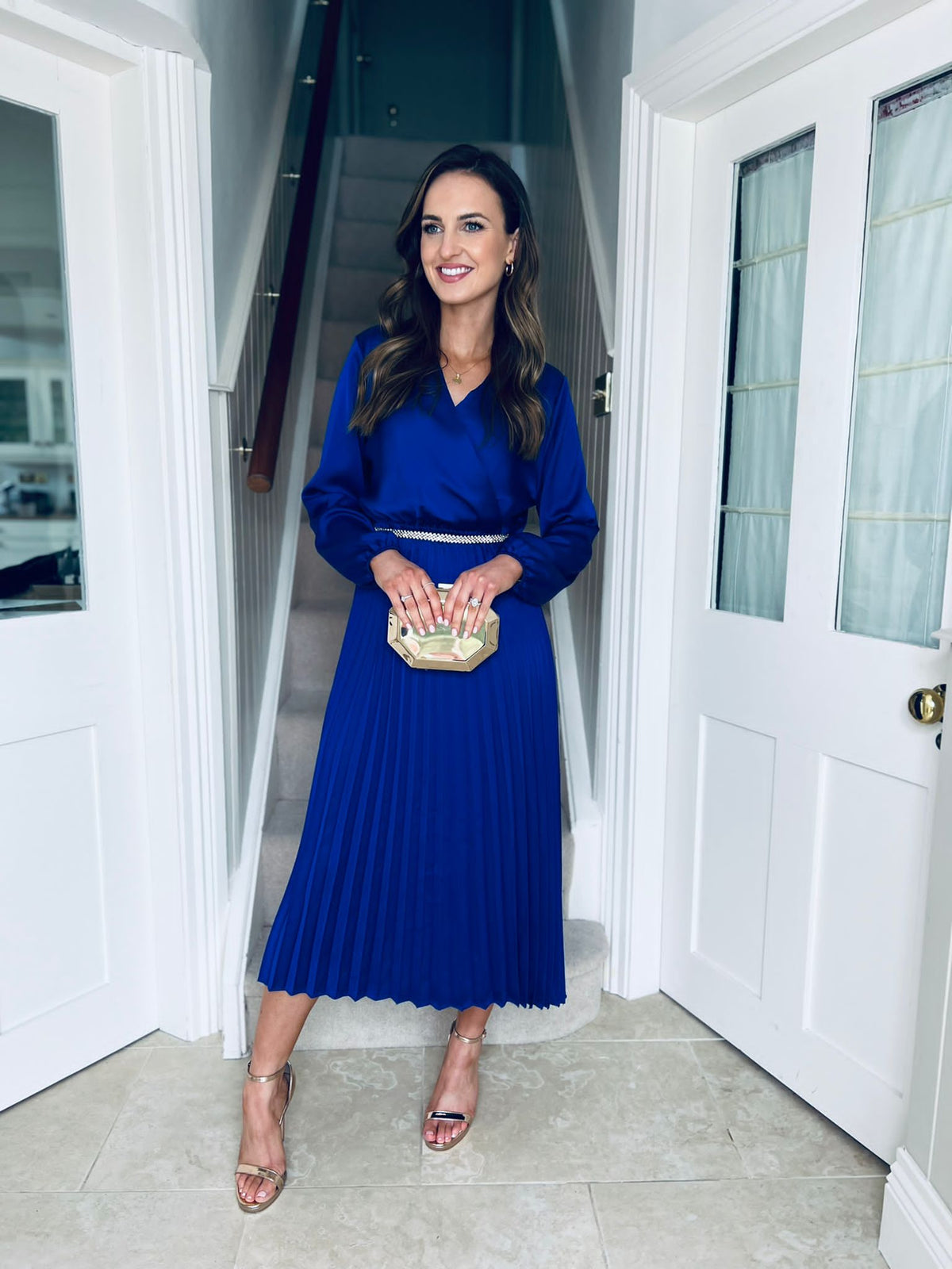 Isabel Pleated Satin Dress Deep Blue