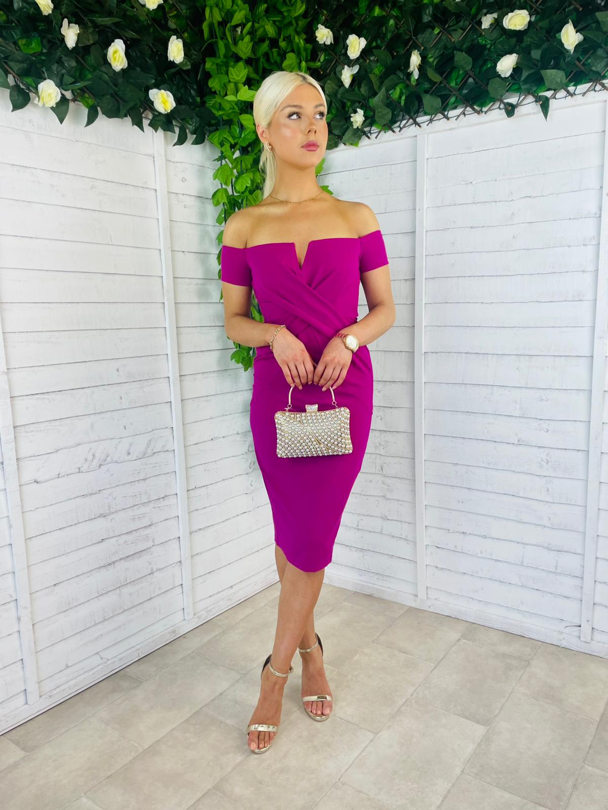 Halo Off The Shoulder Twist Midi Dress Orchid