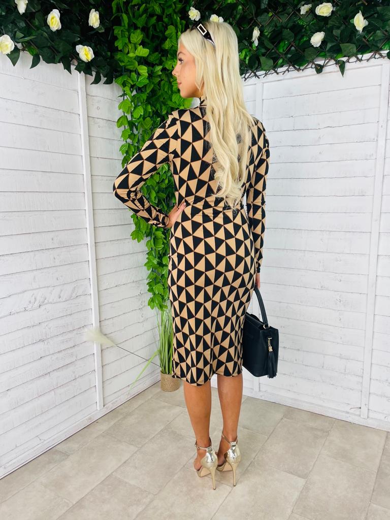 Elle Midi Dress Geo Print Tan