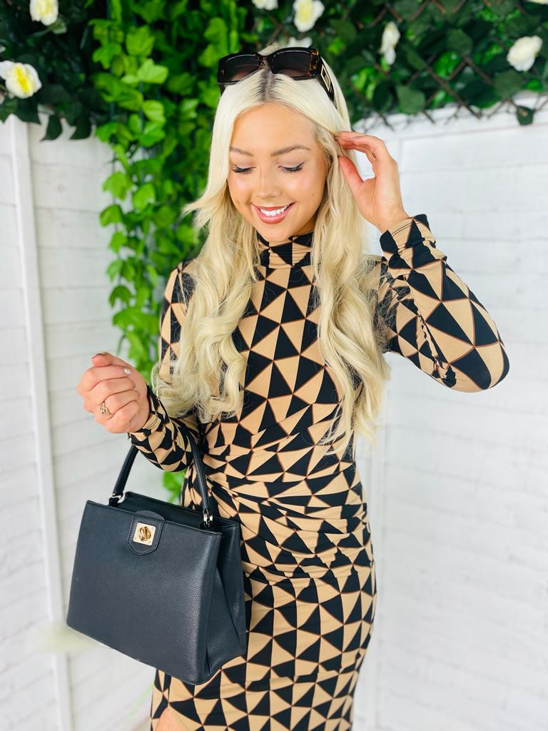 Elle Midi Dress Geo Print Tan