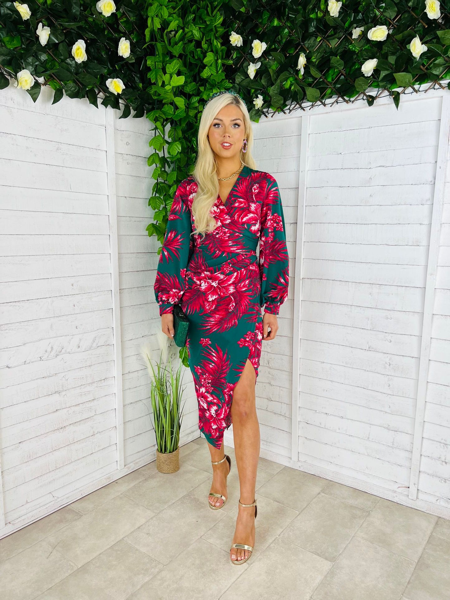 Elsa Long Sleeve Wrap Asymmetric Dress  Green & Pink Floral