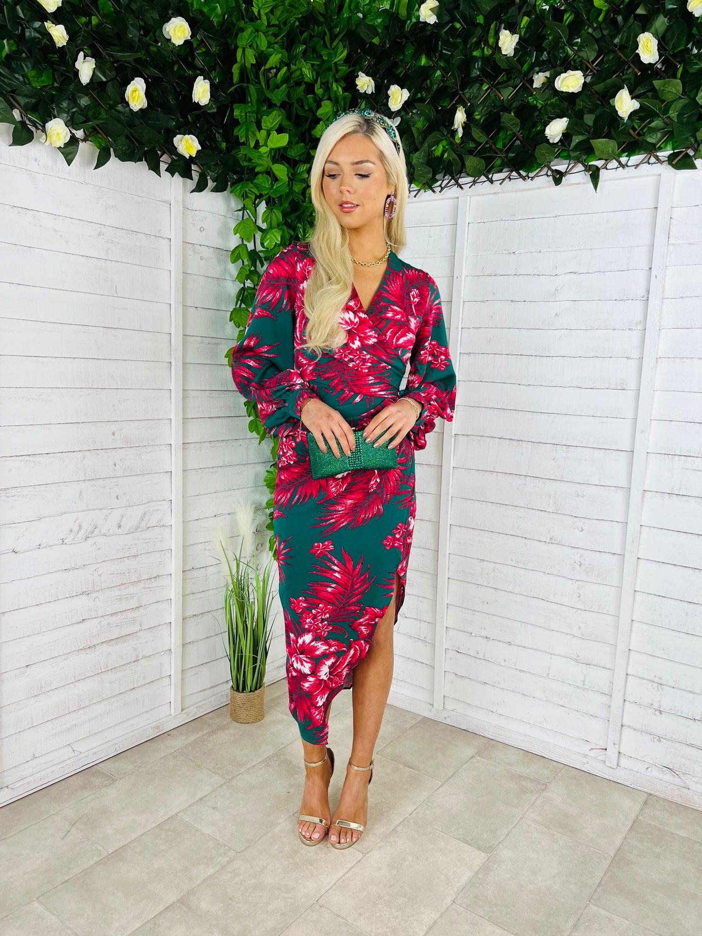 Elsa Long Sleeve Wrap Asymmetric Dress  Green & Pink Floral