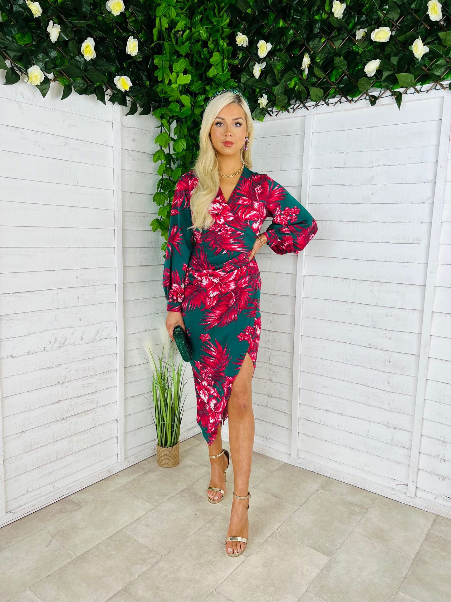 Elsa Long Sleeve Wrap Asymmetric Dress  Green & Pink Floral