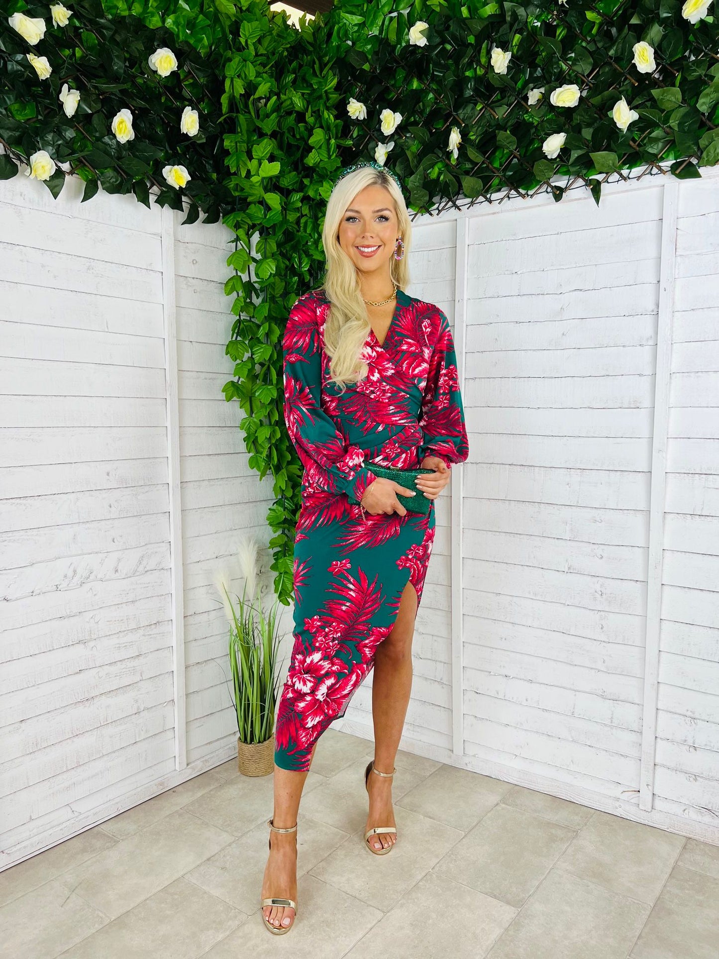 Elsa Long Sleeve Wrap Asymmetric Dress  Green & Pink Floral