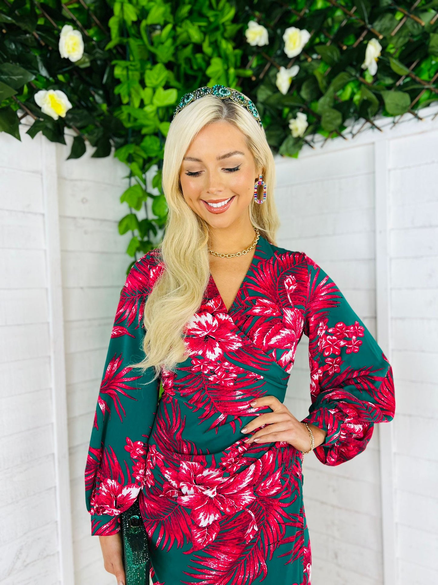 Elsa Long Sleeve Wrap Asymmetric Dress  Green & Pink Floral